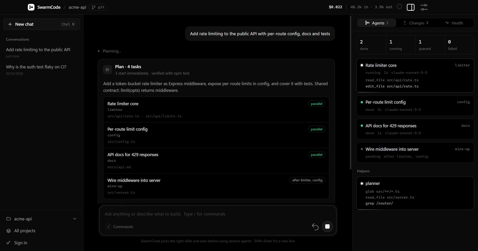 SwarmCode running four agents in parallel on a plan, with live status for each